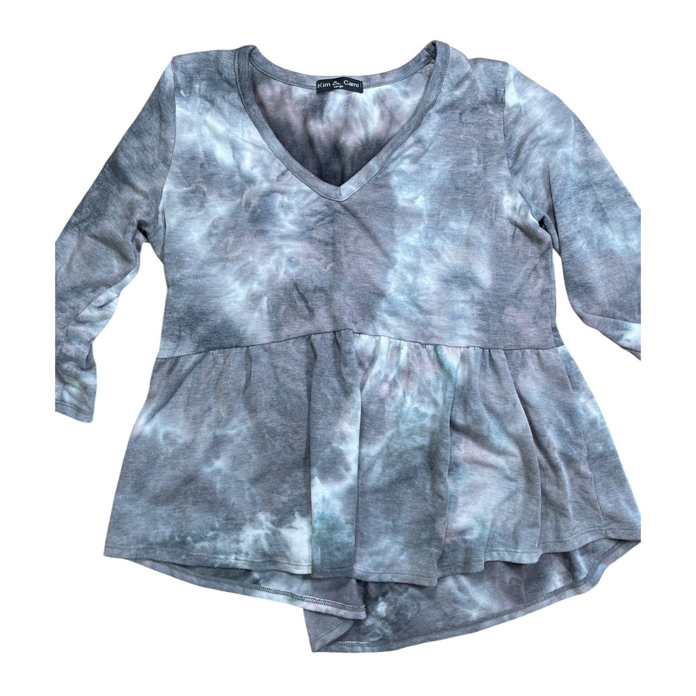 Kim and Cami Tie Dye Peplum V Neck 3/4 Sleeve Shirt‎ Womens Grey Blue
